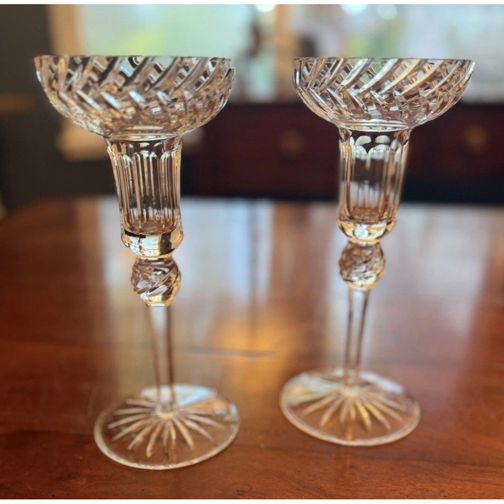Vintage Cut Crystal Candlestick Holders Pair Swirl Top Starburst Base 8"
